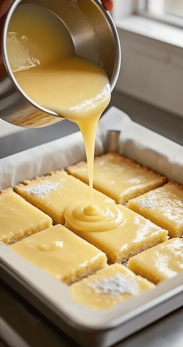 Keto Citroenrepen: Zonnige, Suikervrije Citroenbars die je Keto-Droom Laten Uitkomen Professionele bakscene met close-up van het gieten van romige citroencustard op een voorgebakken amandelmeelkorst in een lichte, moderne keuken, met focus op perfecte lijnen van het bakblik en de transparante textuur van de vulling.