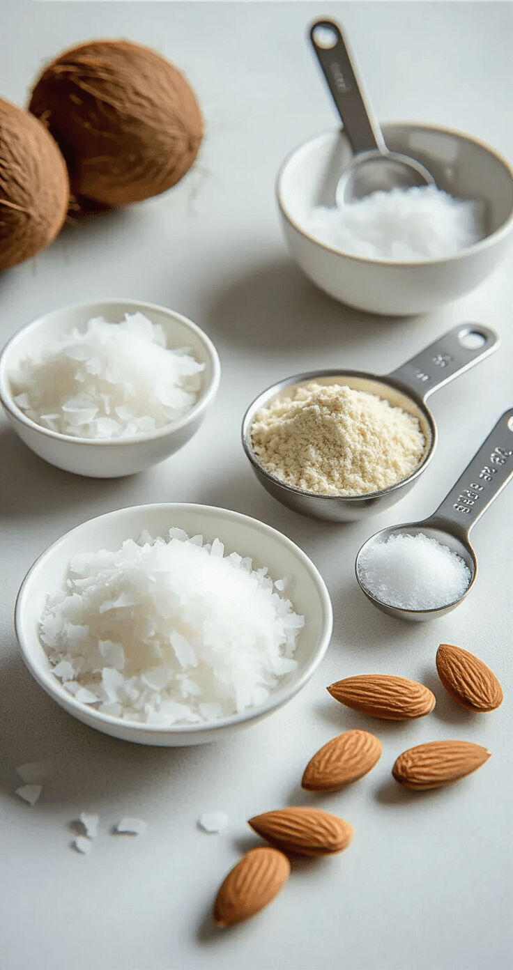 Keto Kokosballetjes: Suikervrije Traktatie in 15 Minuten Ultra-close-up van een onberispelijk aanrecht in een minimalistische Nederlandse keuken, met zorgvuldig gerangschikte keto-ingrediënten zoals witte kokosvlokken, gouden amandelmeel en heldere erythritol, verlicht door zacht natuurlijk licht.