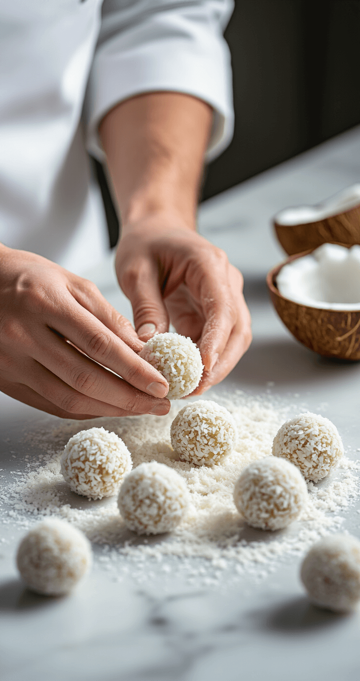 Keto Kokosballetjes: Suikervrije Traktatie in 15 Minuten Professionele handen van een chef-kok rollen perfect ronde kokosballetjes, met een marmeren aanrecht als achtergrond. Fijn kokospoeder bedekt de handen, terwijl zachte verlichting elegante schaduwen creëert, en de ingrediënten op de achtergrond zichtbaar zijn.