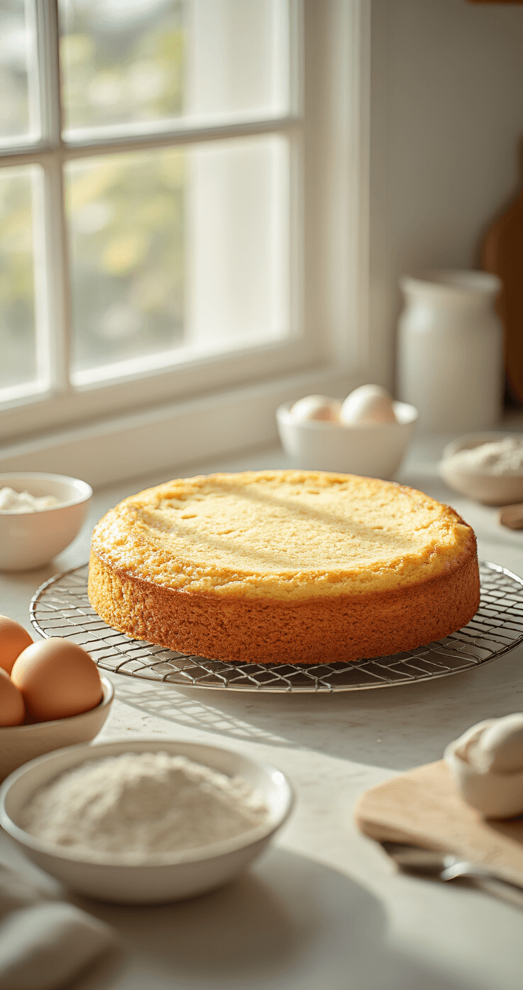 Keto Tiramisu: Het Authentieke Italiaanse Dessert Zonder Koolhydraten Een ultra-details afbeelding van een keuken met een goudbruin amandelmeelcake die afkoelt op een draadrek, omringd door zorgvuldig gerangschikte ingrediënten zoals eieren, geblancheerd amandelmeel en vanille-extract. Natuurlijk licht valt door een raam en creëert zachte schaduwen.