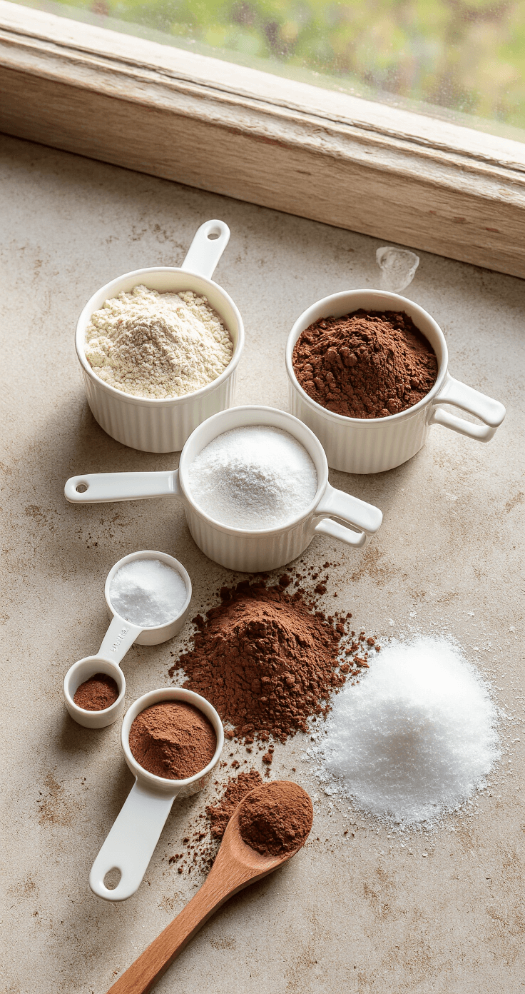 Chocolade-Amandelpudding: Romig Veganistisch Dessert in 10 Minuten Overhead view of a rustic kitchen counter with white ceramic measuring cups filled with cocoa powder, cornstarch, and sugar, illuminated by soft morning light, featuring professional food styling with matte bowls and scattered cocoa powder.