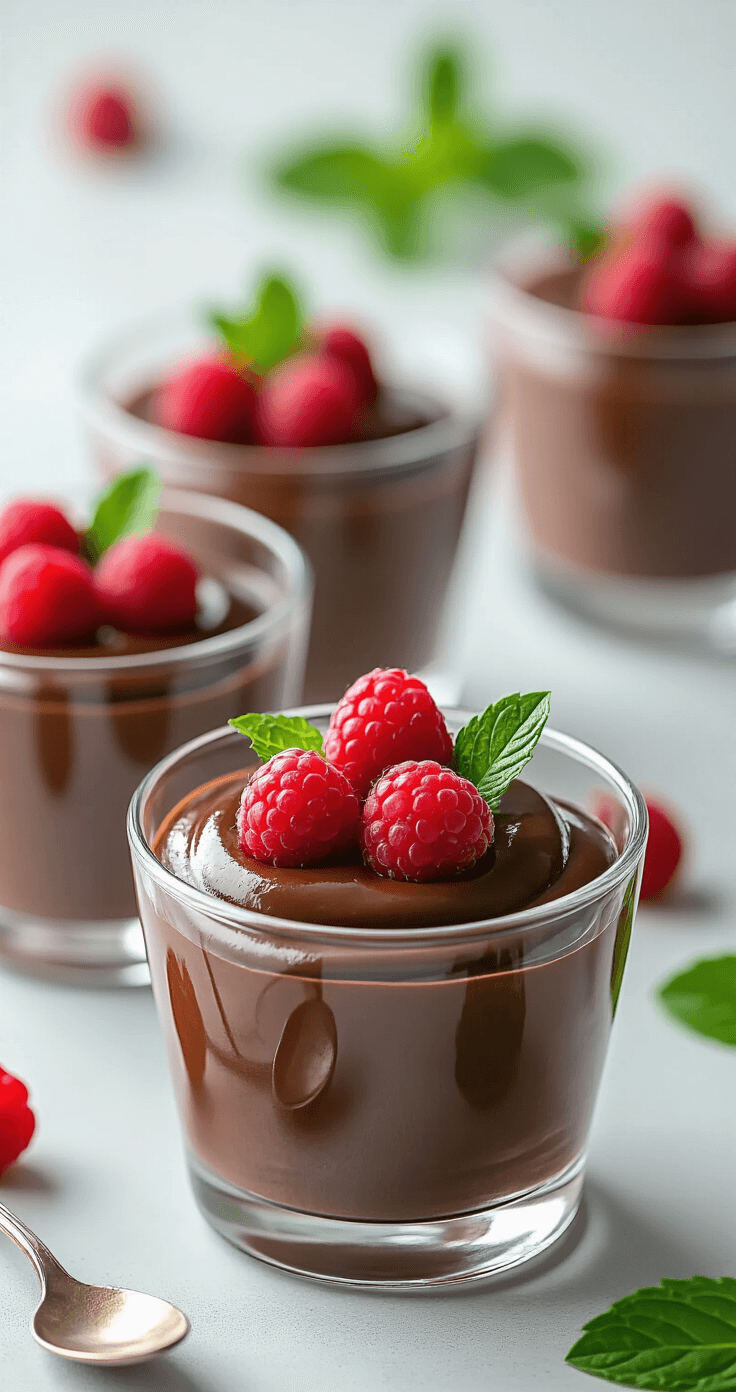 Chocolade-Amandelpudding: Romig Veganistisch Dessert in 10 Minuten Elegante close-up van chocolade amandelpudding in delicate glazen dessertcups, getopt met verse frambozen en muntbladeren, met diffuse belichting die de glanzende chocoladesurface benadrukt.