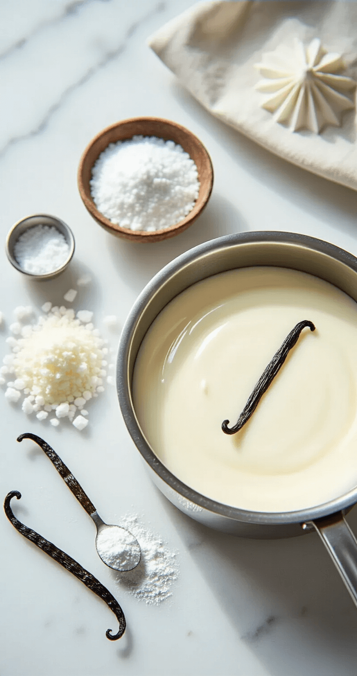 Keto Panna Cotta: Het Ultieme Suikervrije Dessert Dat Je in 15 Minuten Maakt Cinematische overheadfoto van een stijlvolle keuken met een glanzende RVS pan, verspreide ingrediënten zoals pure witte erythritolkristallen, verse vanillebonen en slagroom. Zacht ochtendlicht verheldert het marmeren oppervlak, met een nauwkeurige mise en place en zorgvuldig gerangschikte keukengereedschappen.