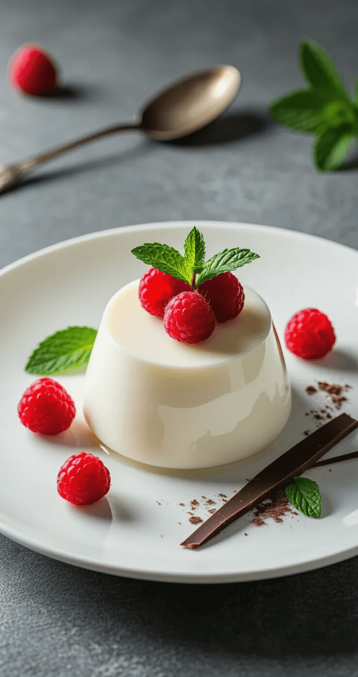 Keto Panna Cotta: Het Ultieme Suikervrije Dessert Dat Je in 15 Minuten Maakt Een zorgvuldig gepresenteerde keto panna cotta op een minimalistisch wit porseleinen bord, omgeven door verse frambozen en muntbladeren, met artisanale donkere chocoladevlokken, verlicht door zijlicht voor een elegante schaduw en luxe uitstraling.