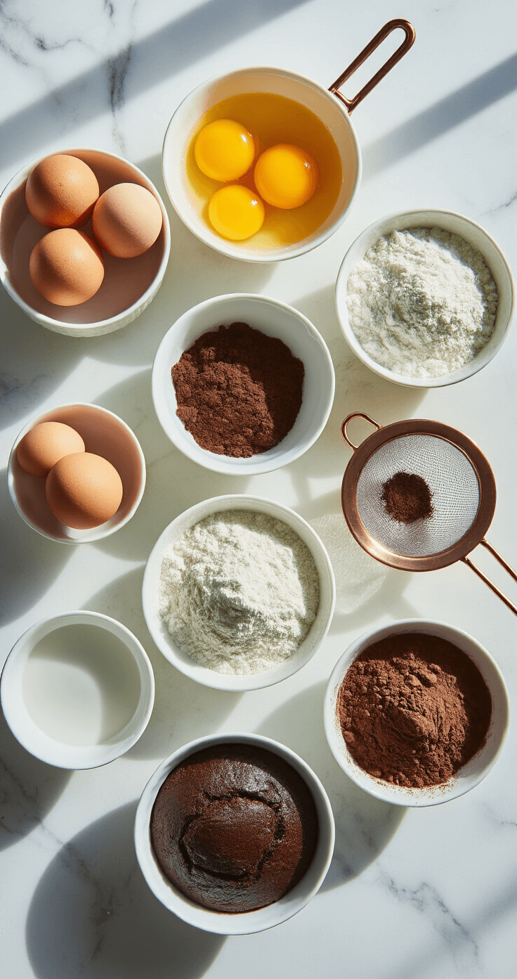 Keto Chocoladecake: Hemels Lekker en Nul Schuldgevoel Ultra-detaillle overhead opname van een pristine keuken met zorgvuldig georganiseerde mise en place voor een keto chocoladecake. Ingrediënten in elegante witte porseleinen kommen, perfect gebroken biologische eieren, gezeefd amandelmeel in een vintage koperen zeef, premium donkere cacaopoeder met zachte natuurlijke belichting die delicate schaduwen werpt. Professionele culinaire styling op een onberispelijke marmeren aanrecht met diffuus ochtendlicht dat binnenvalt.