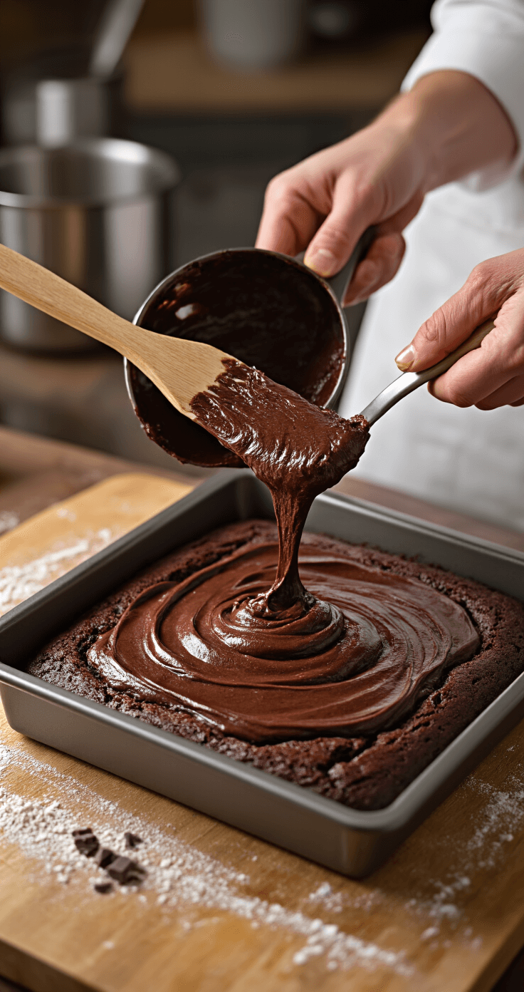 Keto Chocoladecake: Hemels Lekker en Nul Schuldgevoel Close-up van het inschenken van chocolade keto cakebeslag in een vierkante bakvorm, met rijke donkere textuur en subtiele chocolade-zwirls. Professionele bakkershanden in een witte linnen mouw gebruiken een houten spatel om elk restje beslag op te scheppen, met een vervaagd staalachtige keuken achtergrond. Dramatische zijverlichting benadrukt de fluweelachtige consistentie van het beslag, met subtiele stoomwolkjes en de anticipatie van het bakproces.