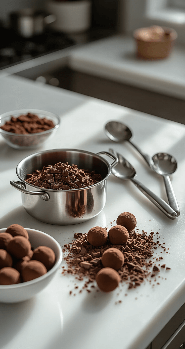 Keto Chocolade Truffels: Suikervrije Luxe in 10 Minuten Ultra-detailed close-up of a professional kitchen workspace with a white marble countertop, featuring chopped dark chocolate pieces and a stainless steel double boiler, illuminated by soft natural light, showcasing a meticulous arrangement of culinary tools and the rich texture of the chocolate.