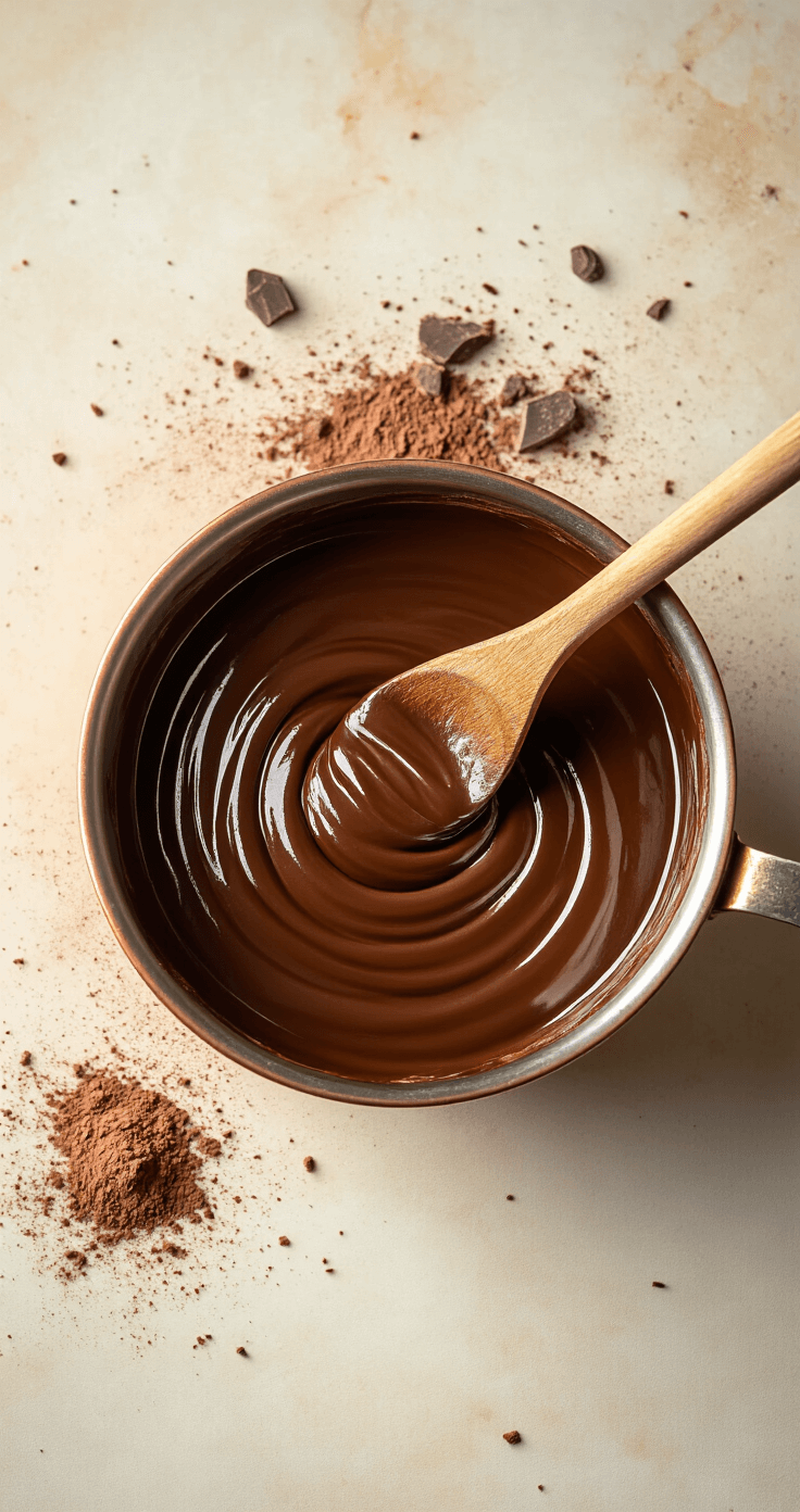 Keto Chocolade Truffels: Suikervrije Luxe in 10 Minuten Cinematische overheadshot van zijdezachte chocoladeganache die langzaam wordt geroerd in een vintage koperen mengkom, met stoom die zachtjes opstijgt en een houten lepel die betoverende draaipatronen creëert, alles verlicht door warm keukenlicht.
