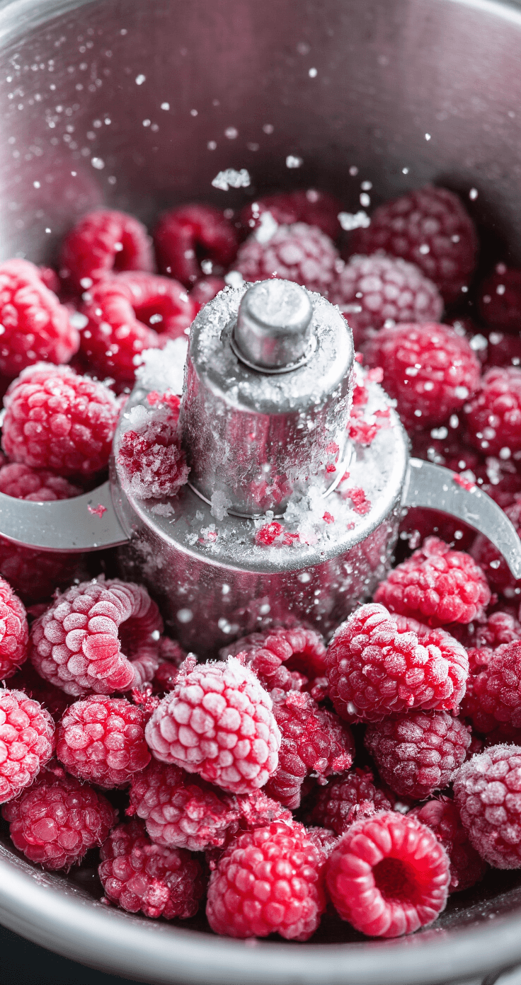 Keto Frambozenmousse: Luchtig Suikervrij Dessert in 10 Minuten Close-up macro shot van bevroren frambozen die worden gepulst in een keukenmachine, met robijnrode kristallijne kruimels. De metalen messen vangen dramatisch zijlicht en tonen frostdeeltjes in de lucht. Individuele frambozendruppeltjes breken uiteen in ijzige fragmenten, sommige geheel, andere in textuurrijke stukken. De roestvrijstalen kom weerspiegelt diepe bourgognetinten terwijl condensatie delicate patronen op het koude oppervlak vormt. Scherpte diepte focust op het moment van transformatie naar grove, sneeuwachtige kruimels in een professionele keukensetting met zacht noorderlicht.