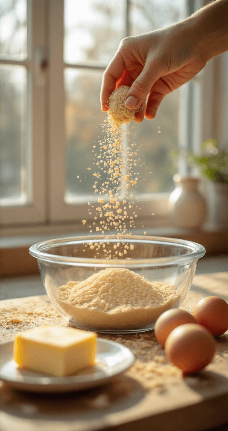 Keto Citroenkwarktaart: Romig, Fris en Precies 5,1g Koolhydraten Per Stuk Extreme close-up van gouden amandelmeel dat door vingers in een glazen mengkom valt, met een wazige weegschaal op de achtergrond die 100 gram aangeeft. Warme ochtendzon verlicht de keuken, terwijl op het aanrecht verse eieren, een blok roomboter en een potje met erythritol liggen. De korrelige textuur van het amandelmeel en glanzende nootfragmenten zijn goed zichtbaar. Een houten lepel ligt klaar om te mengen.