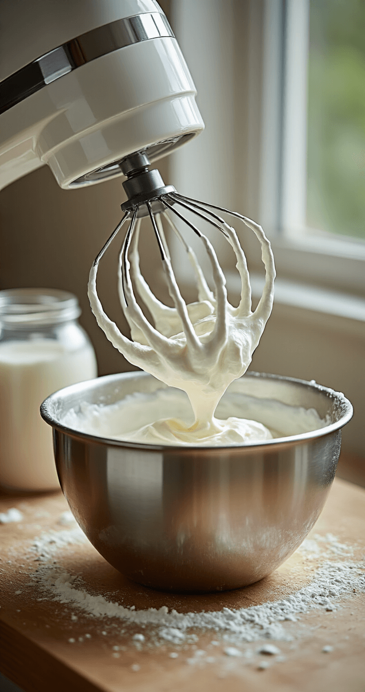 Keto Chocolademousse: 3-Ingrediënten Recept Klaar in 10 Minuten Close-up van een metalen mengkom met ijskoude slagroom die begint te kloppen met een elektrische mixer, verre van stevige pieken, terwijl cacaopoeder en poeder eritritol op de achtergrond klaarstaan voor toevoeging.