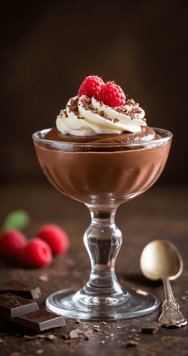 Keto Chocolademousse: 3-Ingrediënten Recept Klaar in 10 Minuten Elegant dessertglaasje met donkere chocolademousse, gehuld in verse slagroom en gedecoreerd met geraspte chocolade en een framboos, op een houten dienblad in warm avondlicht.