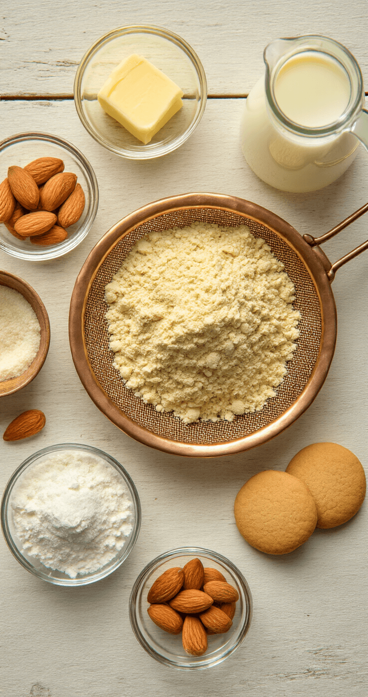 Keto Amandelkoekjes: Krokant, Suikervrij en Verrassend Simpel Overhead shot van een rustiek houten aanrecht met zorgvuldig gerangschikte ingrediënten voor keto amandelkoekjes, waaronder amandelmeel, zachte roomboter, eieren, erythritol en vanille-extract.