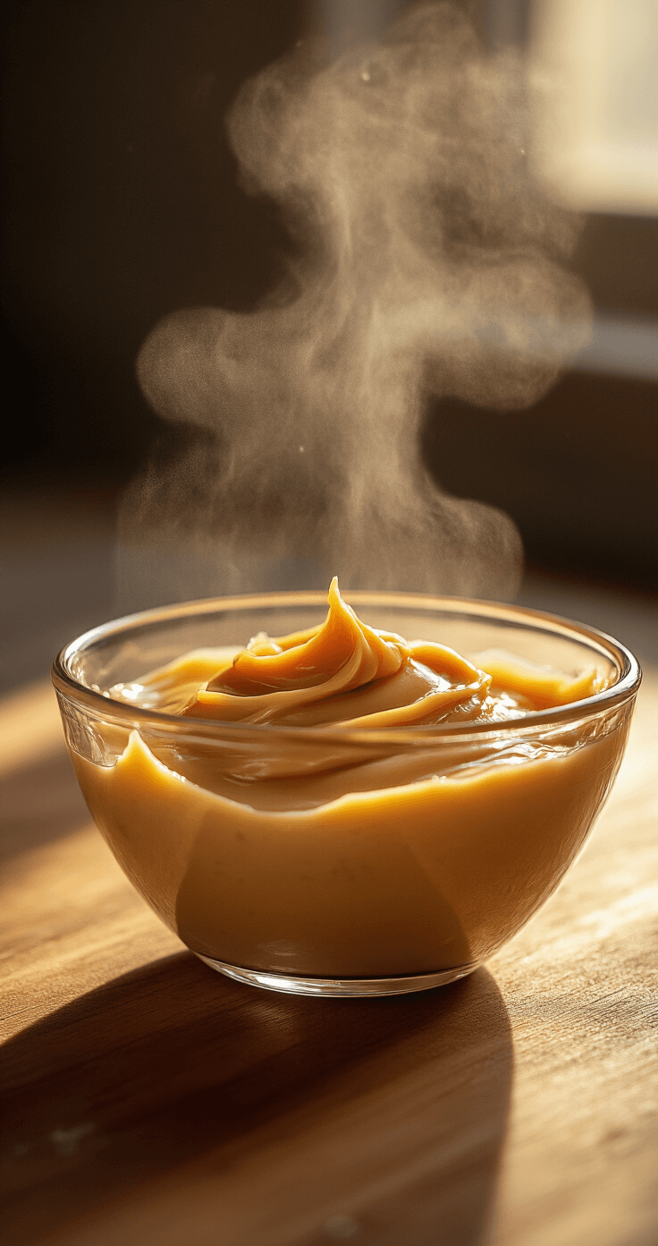 Keto Pindakaas Fudge – Suikervrij Dessert in 5 Minuten Close-up van gesmolten pindakaas en romige boter in een glazen magnetronkom, met stoom die omhoog stijgt, glanzende texturen die samenkomen, warme amberverlichting die dramatische schaduwen creëert, condendruppels op de rand van de kom, houten aanrecht op de achtergrond in zachte focus, cinematische scherptediepte die de transformatie van vast naar vloeibaar vastlegt, met een gladde, zijden consistentie.