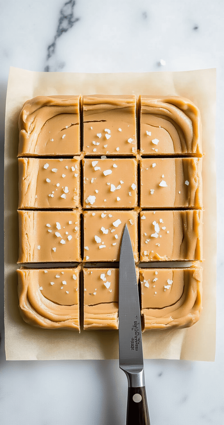 Keto Pindakaas Fudge – Suikervrij Dessert in 5 Minuten Bovenaanzicht van perfect gestolde pindakaasfudge die in precieze vierkantjes wordt gesneden met een scherp koksmes, ook zijn zeezoutvlokken zichtbaar op het gladde oppervlak, nette sneden onthullen de dichte, romige textuur, hoeken van bakpapier zichtbaar, marmeren snijplank biedt elegante contrast, zacht natuurlijk licht van het venster creëert subtiele schaduwen tussen de vierkantjes, één stuk iets verwijderd met een schone breuk en fudgy consistentie, mesvlak weerspiegelt de goudbruine kleur van de fudge, professionele foodfotografie stijl met onscherpe achtergrond die focust op de snijactie.