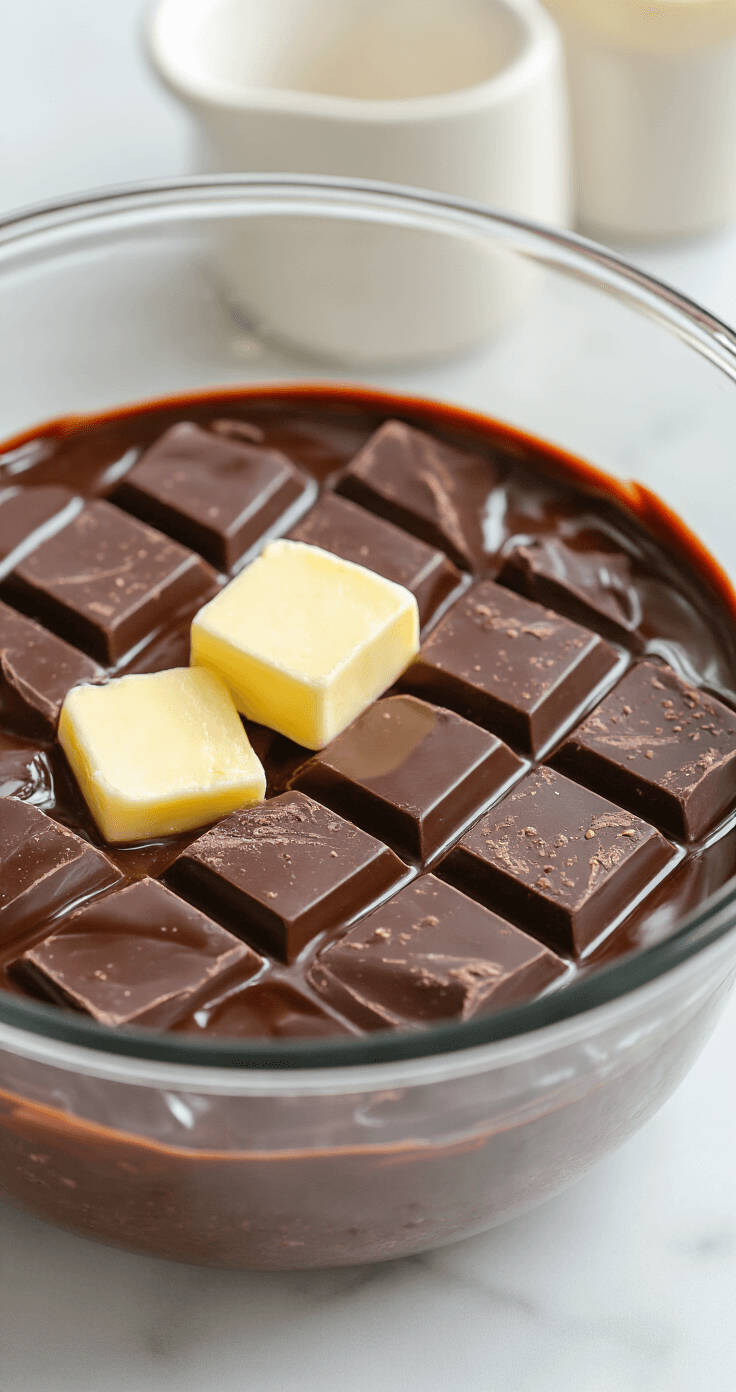 Keto Chocolade Lava Cake – Molten Center in 20 Minuten Close-up van een glazen kom met grof gehakte donkere chocolade en gouden klontjes boter die aan het smelten zijn, met stoom die opstijgt en nog zichtbare chocolade stukjes. Achtergrond met wazige ramekins en een houten lepel, verlicht door natuurlijk daglicht.