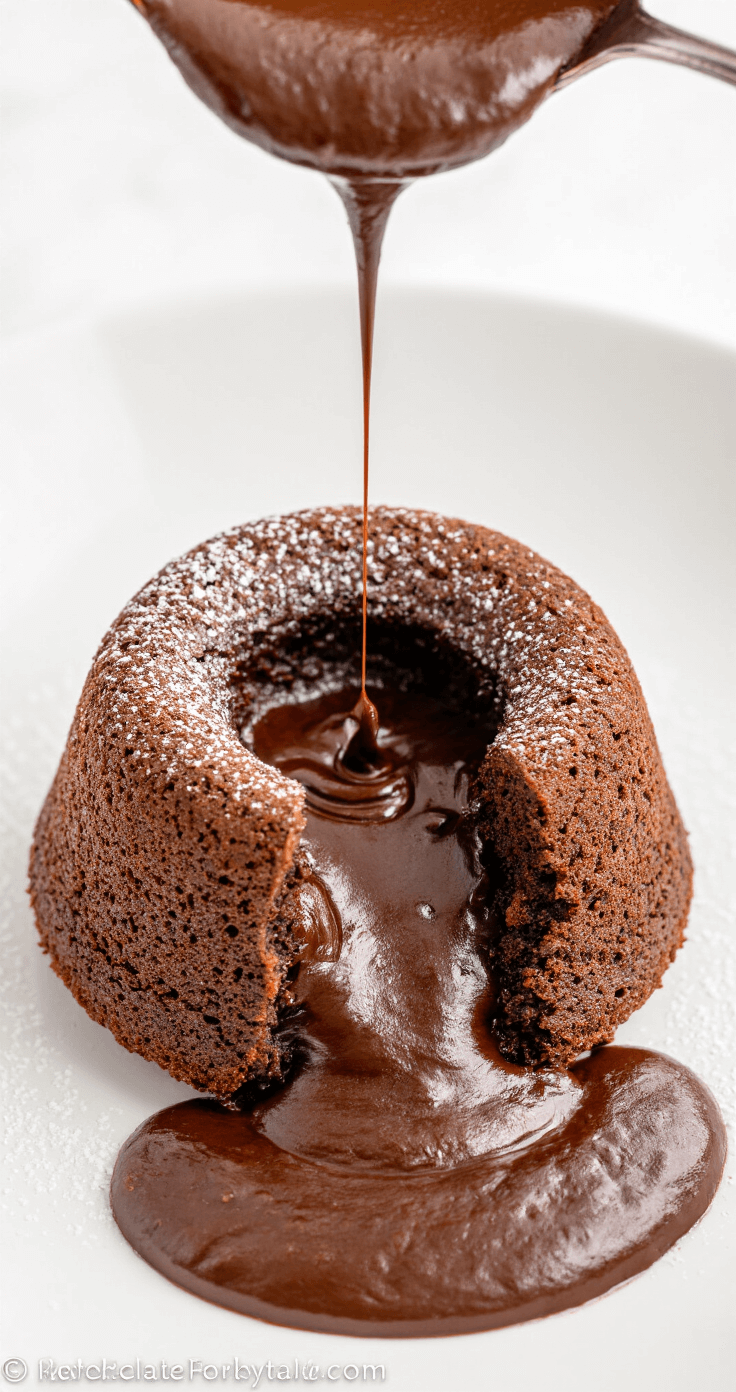 Keto Chocolade Lava Cake – Molten Center in 20 Minuten Een perfect omgekeerde keto chocolade lava cake op een wit porseleinen bord, met warme, vloeibare chocolade die uit het gebroken centrum stroomt, verrijkt met een lichte bestuiving van erythritol poedersuiker, verse frambozen en een takje munt.