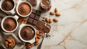 Chocolade-Amandelpudding: Romig Veganistisch Dessert in 10 Minuten Cinematische overhead shot van een rustieke keuken met ingrediënten voor chocolade amandelpudding, inclusief cacaopoeder, maïszetmeel, kristalsuiker en amandelmelk, gestyled met glazen dessertcups en pure chocoladestukjes op een houten snijplank in warme belichting.