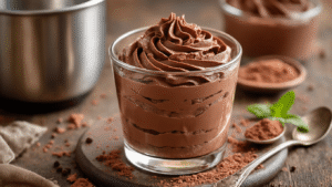 Keto Chocolademousse: 3-Ingrediënten Recept Klaar in 10 Minuten Elegant dessert glass filled with rich dark chocolate mousse, topped with fresh whipped cream and garnished with grated chocolate and red raspberries, glowing in soft warm evening light.