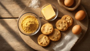Keto Amandelkoekjes: Krokant, Suikervrij en Verrassend Simpel Warme cinematische opname van een rustiek houten aanrecht met ingrediënten voor keto amandelkoekjes, waaronder amandelmeel, roomboter, eieren, erythritol, vanille-extract en amandelschaafsel, met gedeeltelijk zichtbare mixer en keukenschaal, en krokante amandelkoekjes op de achtergrond, in een uitnodigende keuken met gouden en amber kleuren.