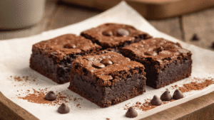Keto Brownies van Amandelmeel: Fudgy, Chocoladerig en Gewoon Geweldig Cinematische close-up van fudgy keto brownies in een vierkante bakvorm, omringd door amandelmeel en cacaopoeder, met chocoladechips als garnering op een rustieke houten keukentafel, belicht door natuurlijk daglicht.