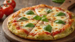 Keto Bloemkool Pizzabodem – Knapperig, Glutenvrij en Waanzinnig Lekker Close-up van een warme, knapperige keto bloemkool pizzabodem met gesmolten mozzarella en verse basilicum, op een antiaanbak bakplaat met bakpapier, omringd door stoom en een gezellige keukenachtergrond.