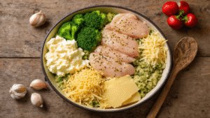 Keto Kip-Broccoli Ovenschotel: Romig, Makkelijk en Koolhydraatarm Cinematisch bovenaanzicht van verse kip-broccoli ovenschotel ingrediënten op een verweerde houten tafel, met kipblokjes, broccoliroosjes, roomkaas, oude Gouda, knoflook, ui en paprikapoeder, verlicht door warme natuurlijke lichtbronnen.