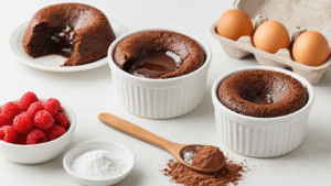 Keto Chocolade Lava Cake – Molten Center in 20 Minuten Cineastische close-up van een keto chocolade lava cake in keramische ramekins, omringd door gesmolten chocolade en boter, met geklutste eieren en amandelmeel op een porseleinen oppervlak, gegarneerd met verse frambozen en beschenen door warme natuurlijke verlichting, met rijke texturen en een huiselijke sfeer.