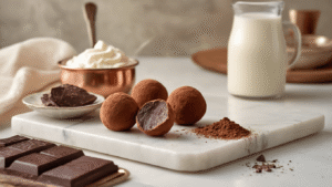 Keto Chocolade Truffels: Suikervrije Luxe in 10 Minuten Ultra-detaillistische close-up van luxe keto chocoladetruffels op een wit marmeren werkblad, met zijdezachte ganache, verse slagroom, gehakte chocolade en cacaopoeder, gefotografeerd in een warme keuken met dramatische schaduwen en rijke texturen.