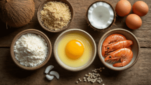 Keto Kokosgarnelen: Knapperig, Koolhydraatarm en Klaar in 35 Minuten Bovenaanzicht van keramische kommen met keto-ingrediënten: kokosmehl, losgeklopt ei, kokosrasp met varkenszwoerdkruimels, en rauwe garnalen op een rustiek houten aanrecht in warme ochtendbelichting.