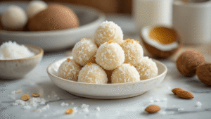 Keto Kokosballetjes: Suikervrije Traktatie in 15 Minuten Ultra-close-up van perfect ronde keto kokosballetjes op een marmeren aanrecht, omgeven door geraspte kokos, gouden amandelmeel, gesmolten kokosolie, en kristallen erythritol, met zachte verlichting en een minimale professionele styling.