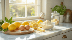 Keto Citroenrepen: Zonnige, Suikervrije Citroenbars die je Keto-Droom Laten Uitkomen Professionele keukenfoto van ingrediënten voor keto citroenrepen, met verse citroenen, gouden eieren, amandelmeel en boter op een wit gemarmerd aanrecht, natuurlijk licht en zachte bokeh achtergrond.