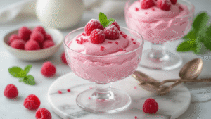 Keto Frambozenmousse: Luchtig Suikervrij Dessert in 10 Minuten Kruidige close-up van delicate roze frambozenmousse in een kristalglas, gegarneerd met bevroren frambozencrumbles en munt, op een marmeren ondergrond met mascarpone, slagroom, verse frambozen en vanillestokje, verlicht met warme sfeerlampen.