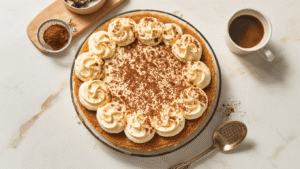 Keto Tiramisu: Het Authentieke Italiaanse Dessert Zonder Koolhydraten Filmisch overhead shot van keto tiramisu in voorbereiding met amandelmeelcake en mascarpone op een marmeren werkblad, verlicht door warm natuurlijk licht, met ingrediënten zoals verse eigelen, vanille-extract, Marsala wijn en erythritol artistiek gerangschikt.