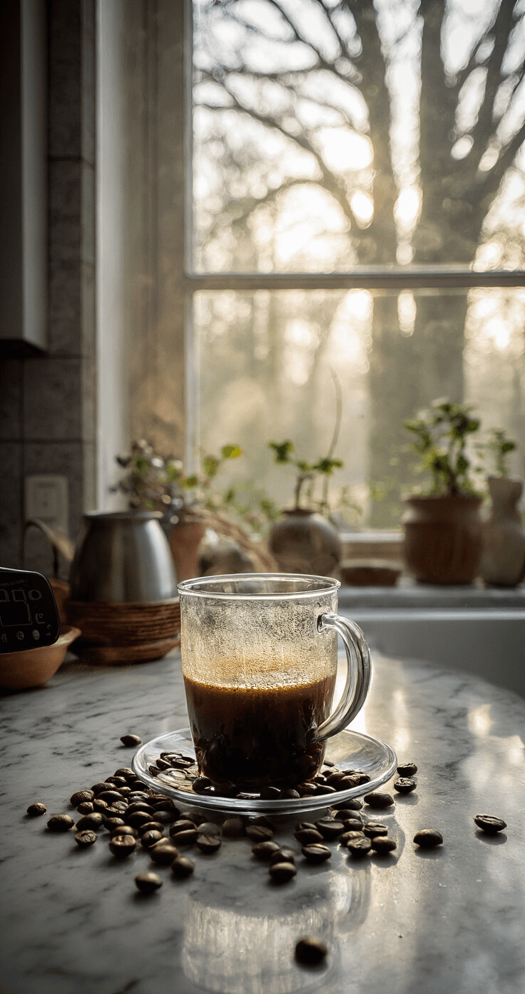 Keto Koffie-Ijs: Romig, Suikervrij en Perfect voor Zomerse Dagen Koude espresso in een glazen karaf op een marmeren aanrecht, omringd door glanzende koffiebonen. Een digitale thermometer toont 4°C, terwijl een open koelkast met amandelmelk en slagroom op de achtergrond zichtbaar is. Alles baadt in zacht, gefilterd zonlicht.