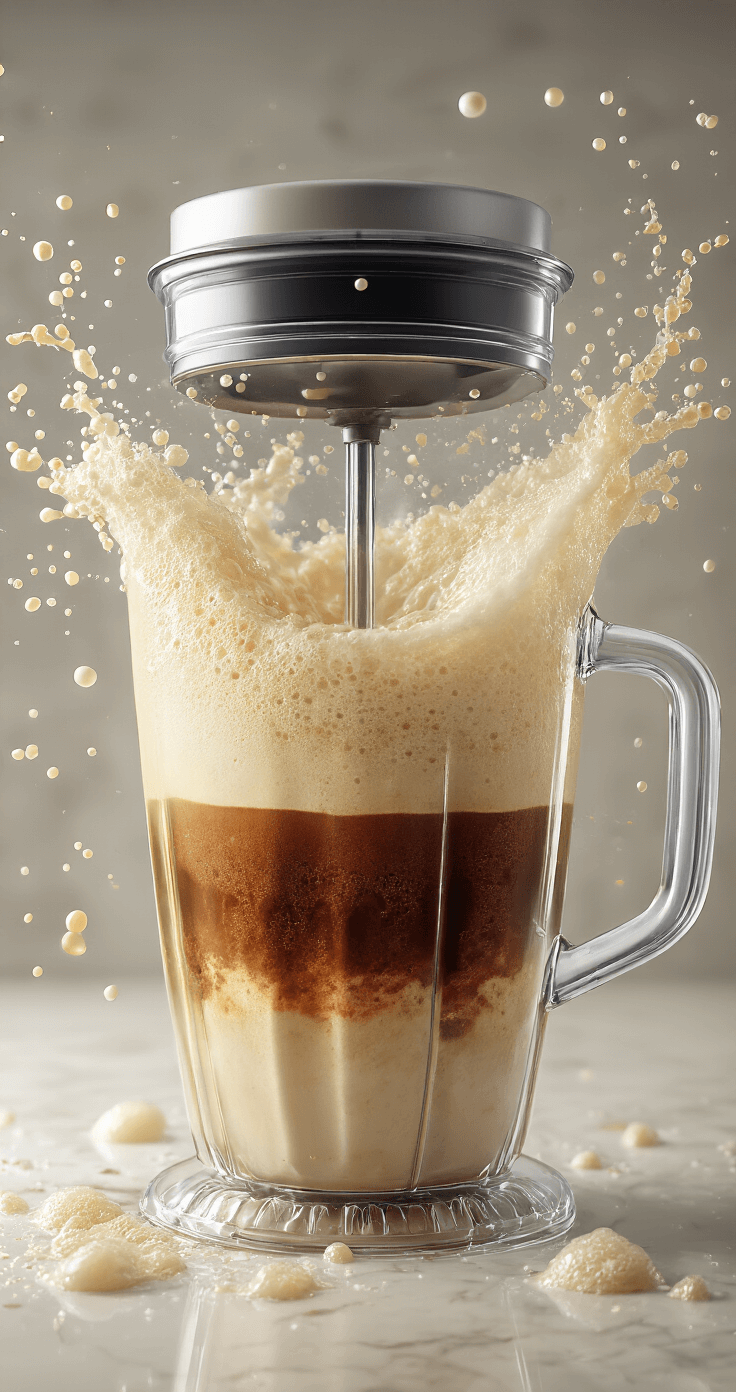 Keto Koffie-Ijs: Romig, Suikervrij en Perfect voor Zomerse Dagen Close-up van een krachtige blender die romige koffievloeistof mengt, met een perfecte vortex van lagen donkere koffie, een cremekleurige emulsie en luchtig schuim, terwijl druppels MCT-olie als glinsterende parels door het mengsel wervelen, verlicht door dramatische zij-verlichting.