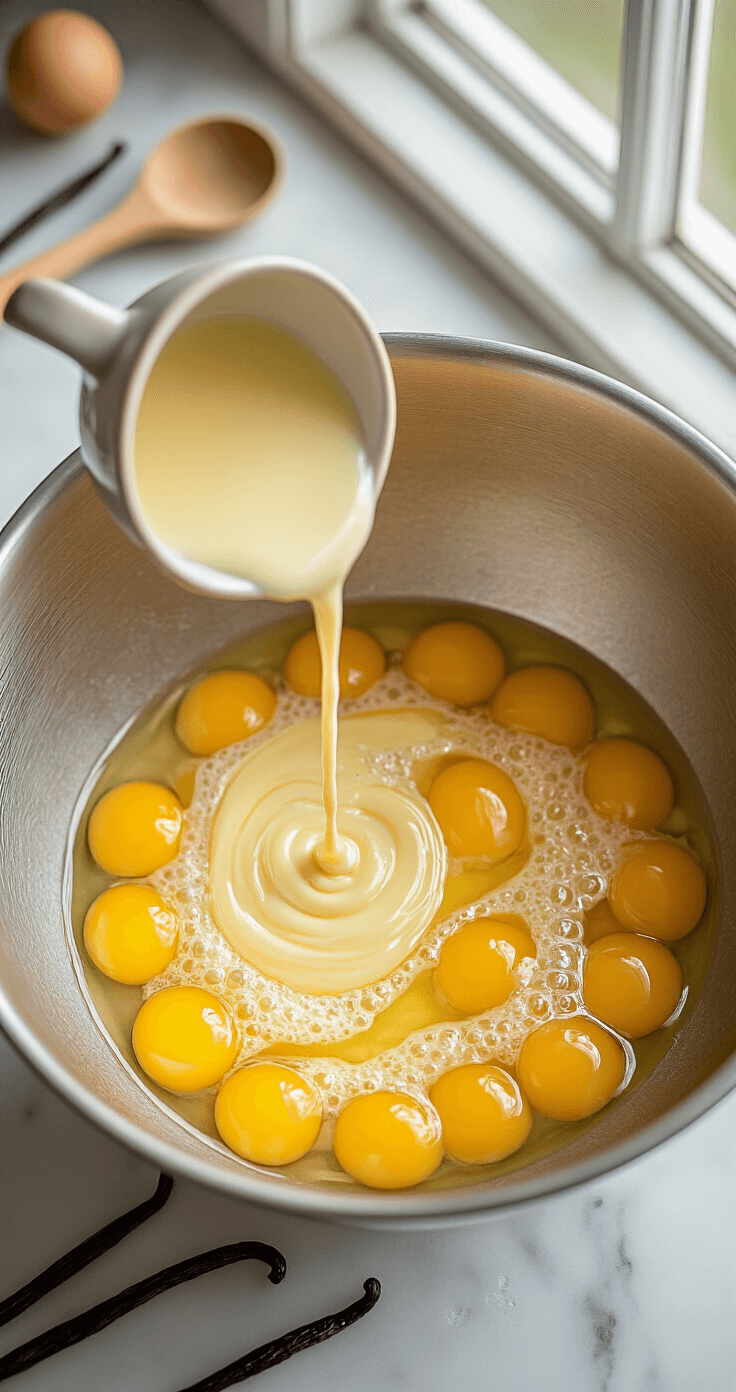 Keto Vanille-ijs: Romig, Suikervrij en Onweerstaanbaar Lekker Close-up overhead shot van een roestvrijstalen mengkom met pale citroengele eidooiers die worden geklopt met erythritol, terwijl er een warme roommix langzaam vanuit een keramische lepel in de kom wordt gegoten, met stoom die omhoog komt in het zachte middaglicht.