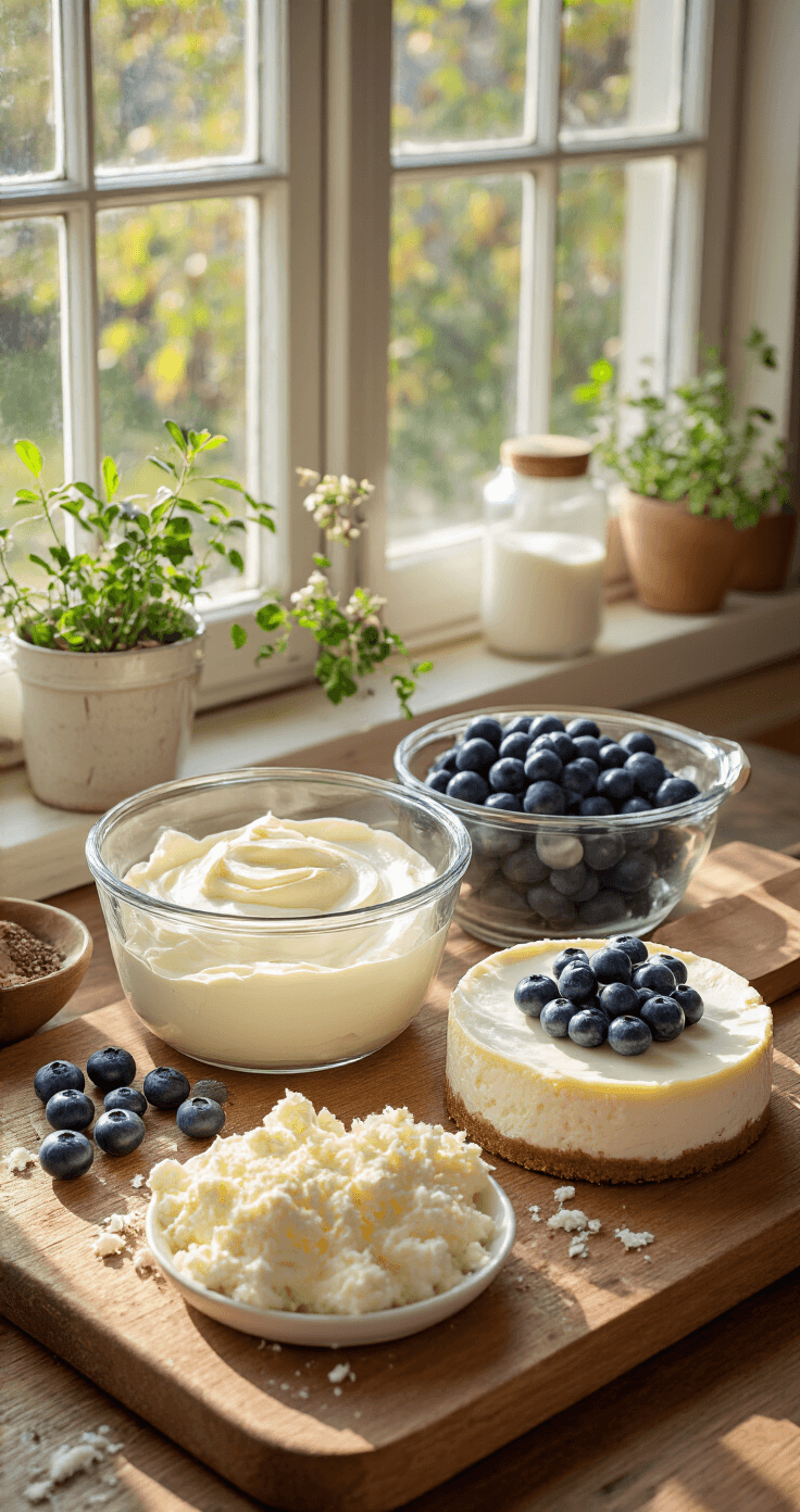 Keto Bosbessen Cheesecake – Suikervrij, Romig en Onweerstaanbaar Lekker Een rustiek houten aanrecht met een glazen mengkom gevuld met romige roomkaas, omringd door amandelmeel, bosbessen, eieren, erythritol en citroenen, en verlicht door zacht ochtendlicht.