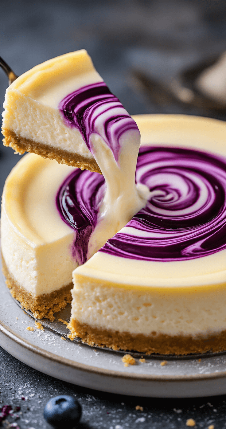 Keto Bosbessen Cheesecake – Suikervrij, Romig en Onweerstaanbaar Lekker Extreme close-up van een satéprikker die door romige cheesecakevulling wordt getrokken, waardoor paarse bosbessensaus hypnotiserende marmerpatronen vormt.