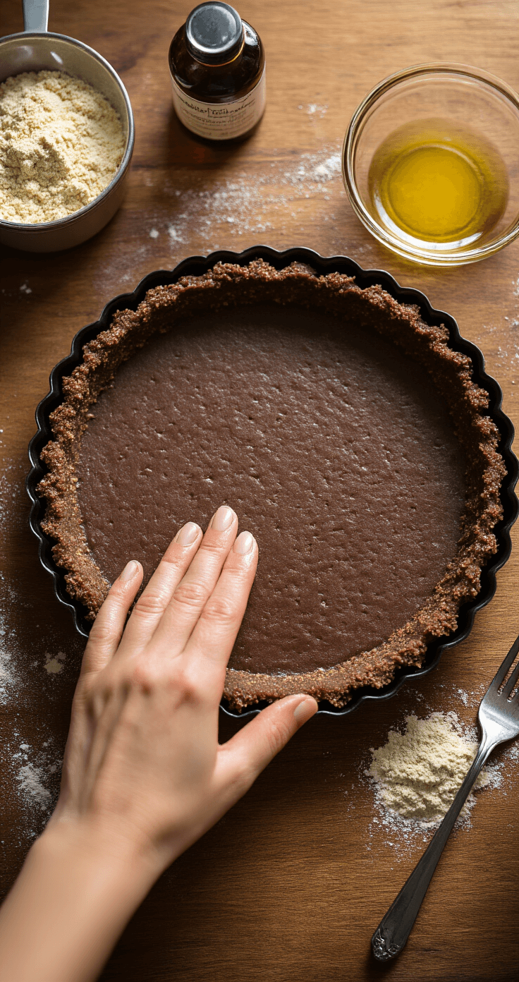 Keto Chocolade Tart: Rijke, Romige en Verdomd Lekker Bovenaanzicht van handen die amandelmeelkorstdeeg in een geribbelde taartvorm met losse bodem duwen, met goudgele boter die tussen de amandeldeeltjes glinstert. Natuurlijk middaglicht stroomt door het keukenraam en creëert zachte schaduwen. Rustieke houten aanrecht met verspreid amandelmeel, een klein glazen schaaltje met gesmolten boter, en een vork klaar voor het docken. Close-up toont de textuur van de vochtige, zandachtige consistentie die stevig tegen de randen van de pan wordt gedrukt, met vingers die een gladde, egale laag maken. Op achtergrond vervaging onthult maatbekers en een fles vanille-extract. Warme, uitnodigende keukenatmosfeer met professionele kookvoorbereiding.