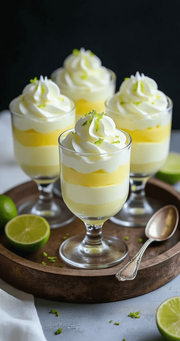 Keto Limoen-Mousse: Verfrissend, Romig en Klaar in 15 Minuten Elegante dessertglazen met laagjes limoenmousse, getopt met slagroom en limoenrasp, op een houten serveertray, vergezeld van een vintage lepel en verse limoenpartjes.