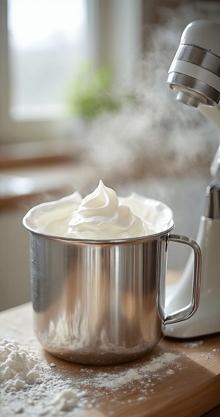 Keto Kokosmakronen: Zalig Zoet en Bijna Zonder Koolhydraten Close-up van een RVS mengkom waarin glanzende eiwitten tot stevige pieken geklopt worden, met daglicht dat highlights op de textuur creëert. Achtergrond toont een moderne keuken met houten accenten.