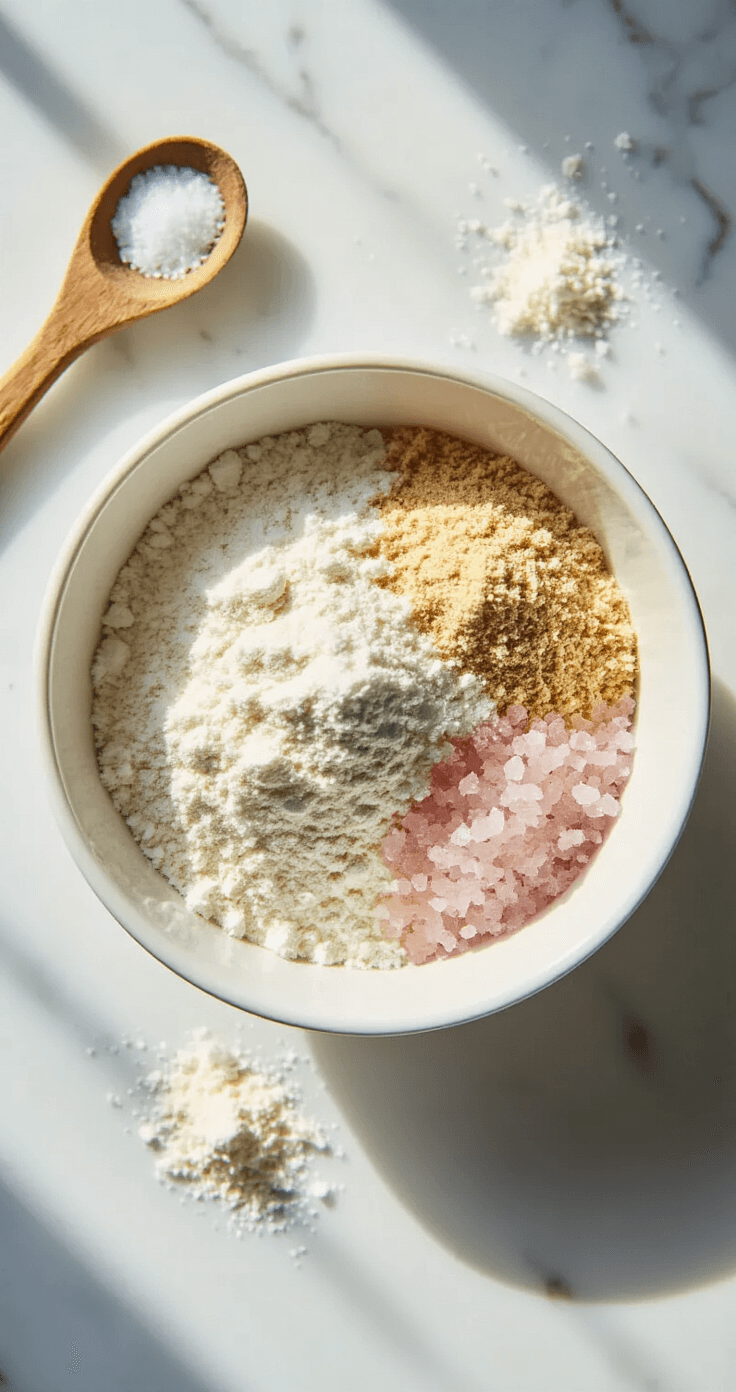 Keto Chocoladechips Koekjes – Knapperig, Koolhydraatarm en Klaar in 30 Minuten Close-up van een witte keramische mengkom met amandelmeel, kokosmeel, erythritol, Himalayazout en bakpoeder, verlicht door natuurlijk ochtendlicht. Een vintage houten lepel steunt tegen de rand van de kom op een gemarmerd aanrecht.