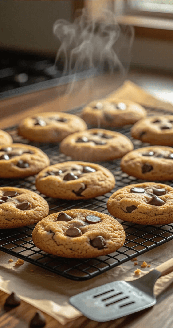 Keto Chocoladechips Koekjes – Knapperig, Koolhydraatarm en Klaar in 30 Minuten Twaalf perfect gouden keto chocoladechip koekjes koelen op een zwart draadrek, omringd door een warme namiddaglicht, met stoom die voorzichtig van hun oppervlak stijgt.