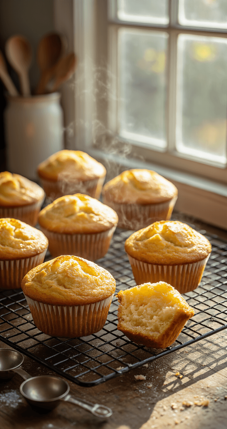 Keto Roomkaas Muffins: Simpel, Smaakvol en Perfect Koolhydraatarm Vers geschenen gouden keto-muffins op een vintage draadkoelrek, met stoom die van hun perfect gevormde toppen opstijgt en een muffin die opengebroken is om de luchtige structuur met kaaspockets te tonen, alles in het zonlicht van het keukenraam.