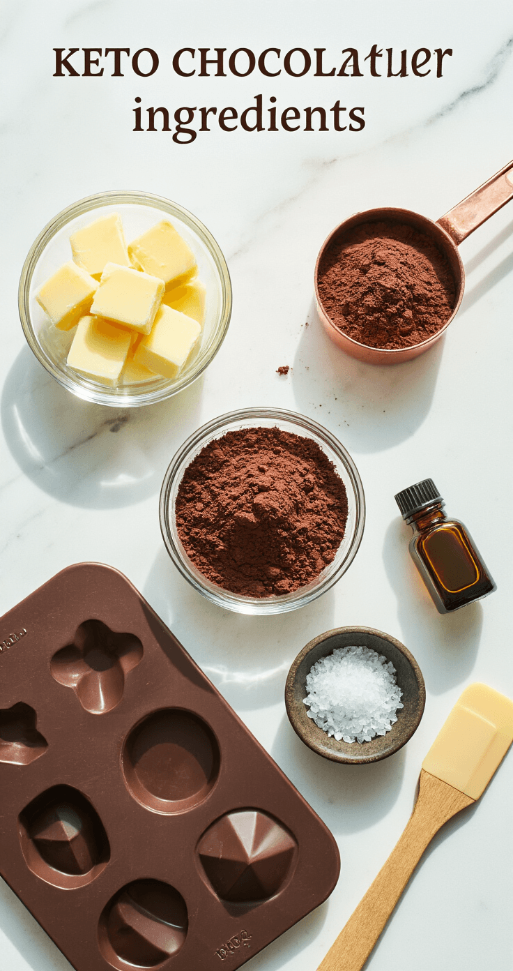 Keto Chocoladerepen: Suikervrije Chocolade die Je Ketose Niet Verstoort Een sfeervolle bovenaanzicht van een marmeren aanrecht met ochtendlicht, toont glazen schalen met cacaoboter, cacaopoeder in een koperen maatbeker, erythritol, vanille-extract in een flesje, zeezout in een kommen, siliconen chocoladevormen en een houten spatel.