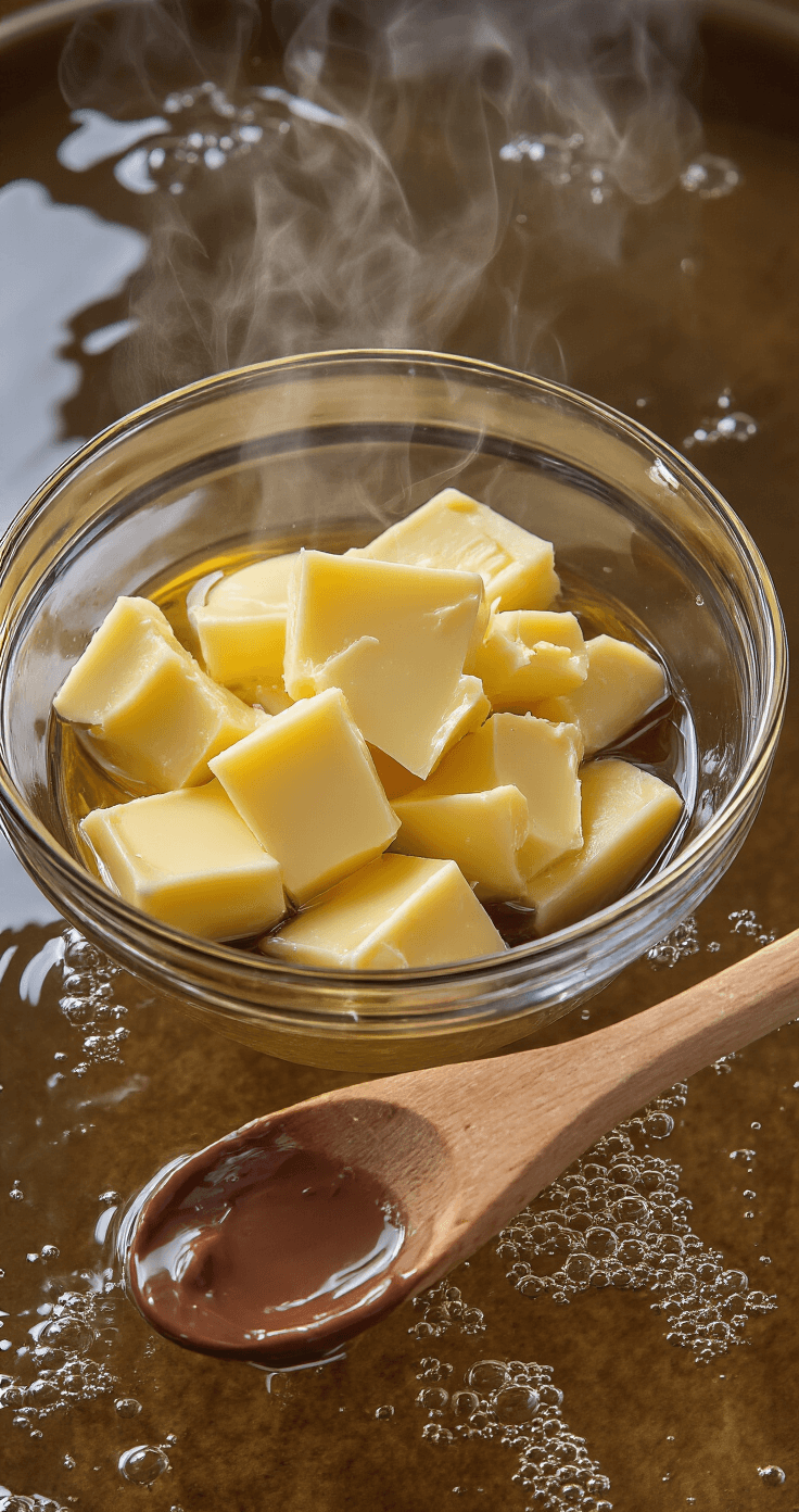 Keto Chocoladerepen: Suikervrije Chocolade die Je Ketose Niet Verstoort Close-up van een glazen kom boven een zacht sudderend water, met smeltende ivoren cacaoboter. Stoom krult op, een houten lepel rust op de rand van de kom, terwijl de zachte golven en luchtbelletjes onder de kom een warme, artisanale sfeer creëren.