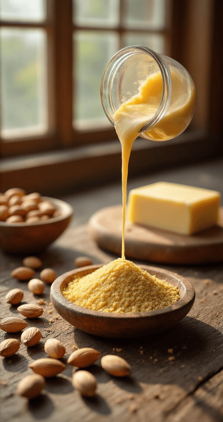 Keto Frambozentaart: De Ultieme Koolhydraatarme Dessertgids Close-up van amandelmeel dat in een houten mengkom stroomt, met verse amandelen en een blok roomboter op de achtergrond, een antieke weegschaal toont 200 gram, terwijl stofdeeltjes dansen in het ochtendlicht.