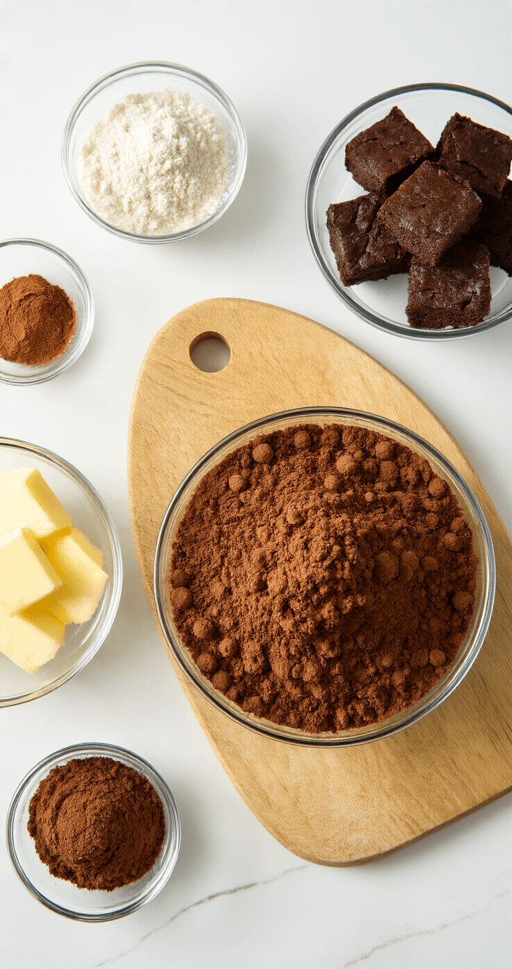 Keto Brownie Bites: Chocolade Geluk Zonder Schuldgevoel Een close-up van een wit marmeren keukenblad met keto brownie ingrediënten in kleine glazen kommetjes, waaronder cacaopoeder, amandelmeel, erythritol, gesmolten boter, eieren, vanille-extract en suikervrije chocoladechips, met warme namiddagverlichting en een moderne keuken op de achtergrond.