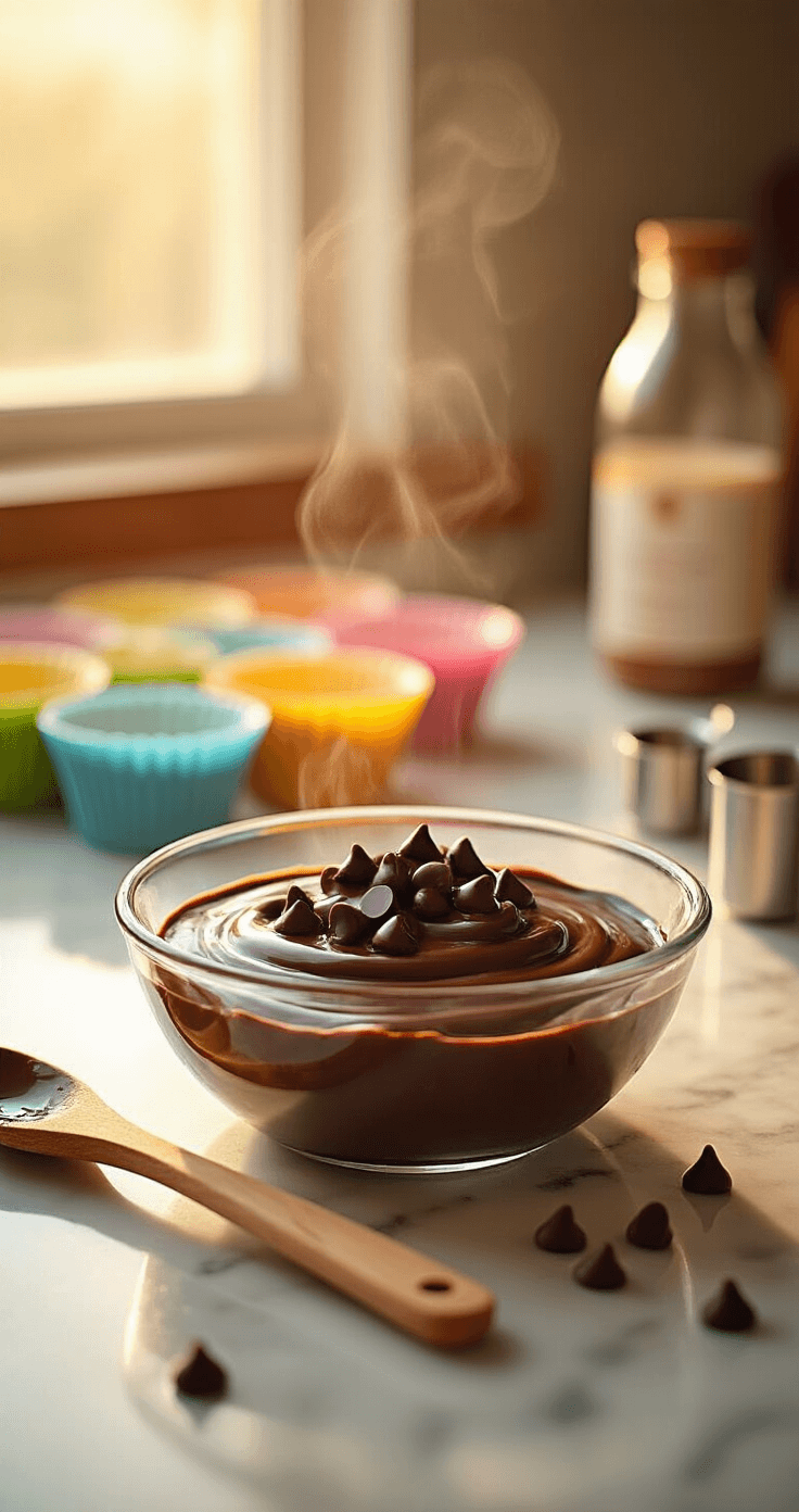 Keto Chocolade-Pindakaas Cups Close-up van glanzende donkere chocolade chips die smelten in een glazen magnetronbestendige schaal, met delicate stoom die opkomt tegen een warme keukenachtergrond. Zacht gouden namiddaglicht filters door een nabijgelegen raam en creëert mooie highlights op het zijdezachte chocoladesurface. Een houten lepel ligt naast de schaal, met druppels gesmolten chocolade die glinsteren op de rand. Op de zacht vervaagde achtergrond wachten siliconen cupcake-vormen in levendige kleuren op een marmeren aanrecht, terwijl meetlepels en een fles kokosolie de intieme culinaire scène aanvullen. De sfeer is gezellig en uitnodigend, met de belofte van zoete keto-traktaties die komen gaan.